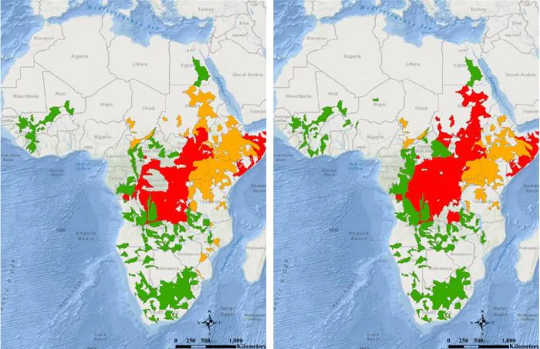 Africa on May 5 and 6, 2020: areas experiencing flood watch (red), warning (orange), or advisory (green) conditions. 