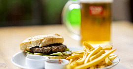 hamburger, french fries, and beer